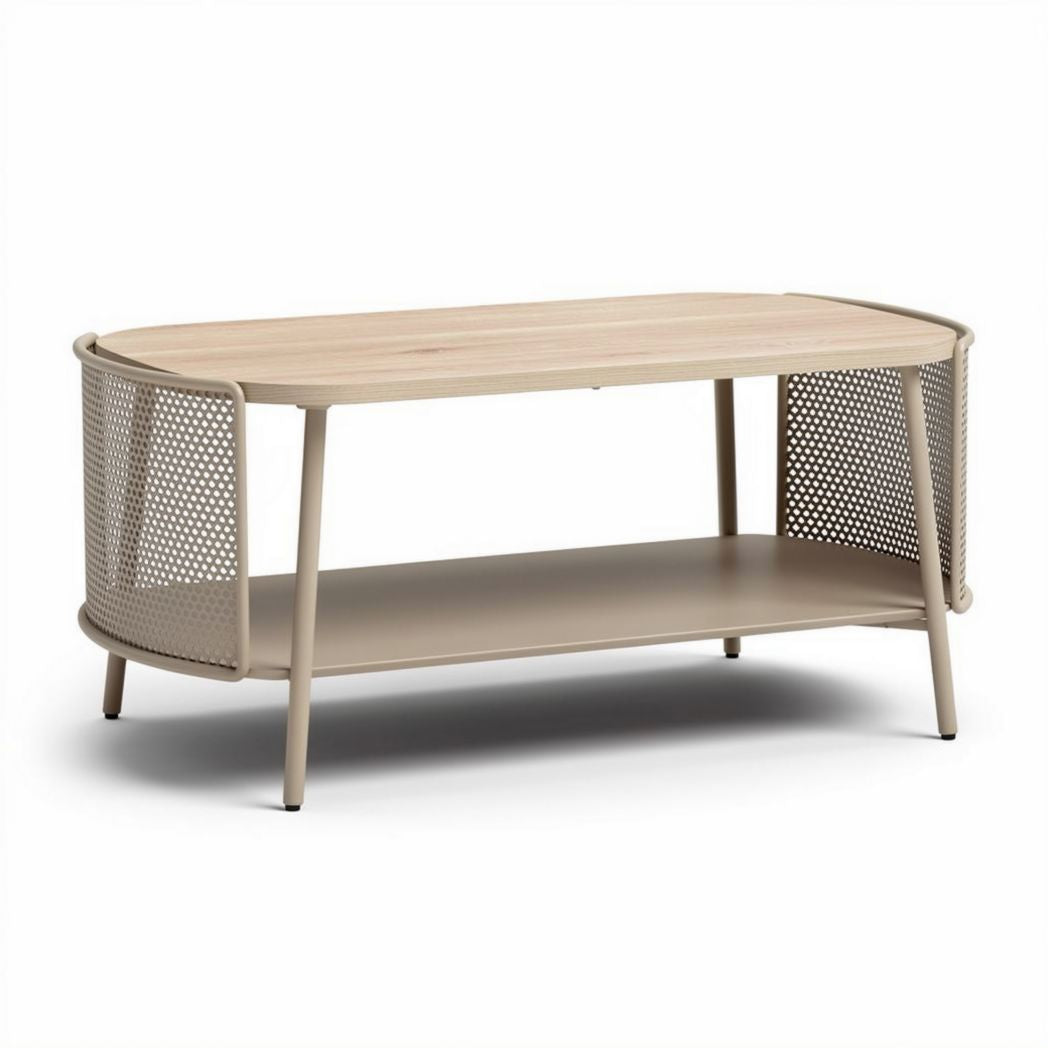 Table basse ovale en métal et bois 120 x 60 x 45 cm couleur beige avec étagère inférieure