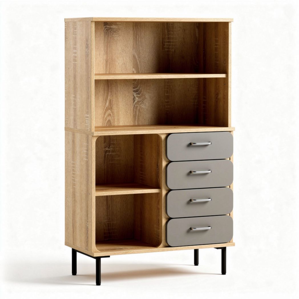 Bibliothèque en bois avec tiroirs gris et étagères ouvertes 80 x 40 x 120cm