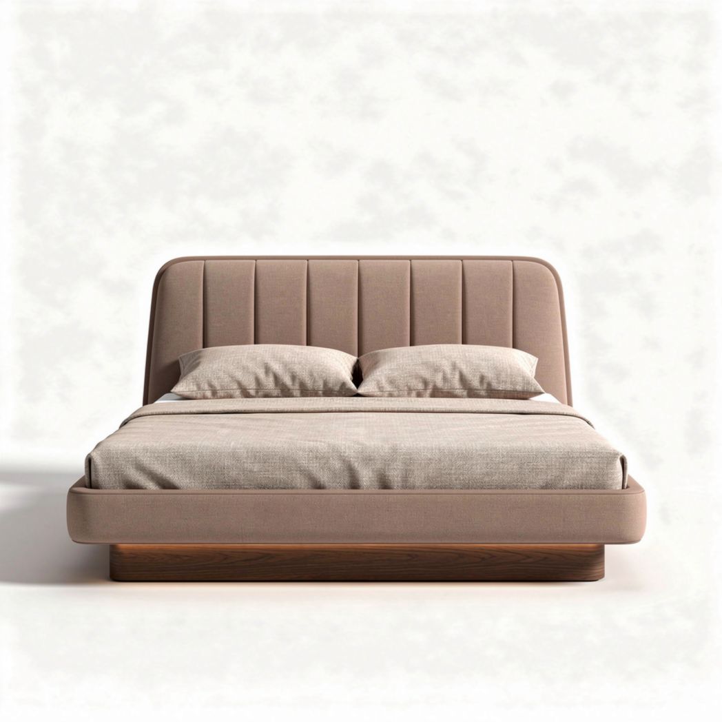 Lit double en tissu beige avec tête de lit rembourrée 200 x 160 x 30cm