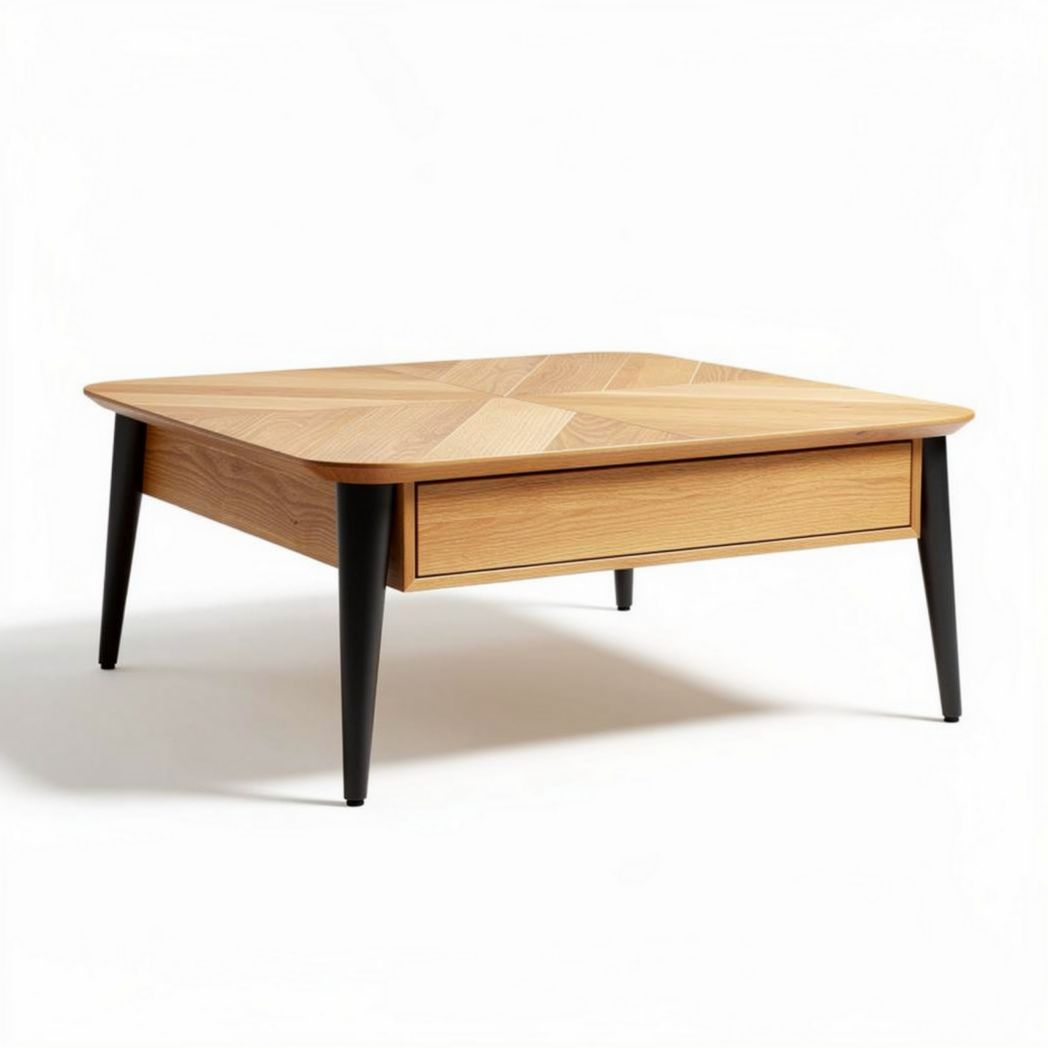 Table basse en bois avec tiroir couleur chêne 120 x 120 x 45cm