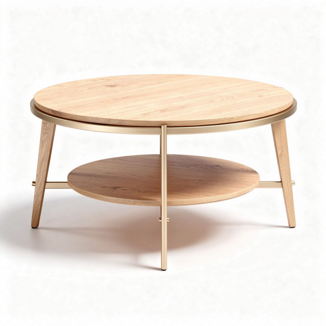 Table basse ronde en bois avec plateau inférieur en métal doré 80 x 80 x 40cm