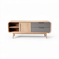 Meuble tv en bois naturel et gris avec deux tiroirs et compartiment ouvert 150 x 40 x 60cm