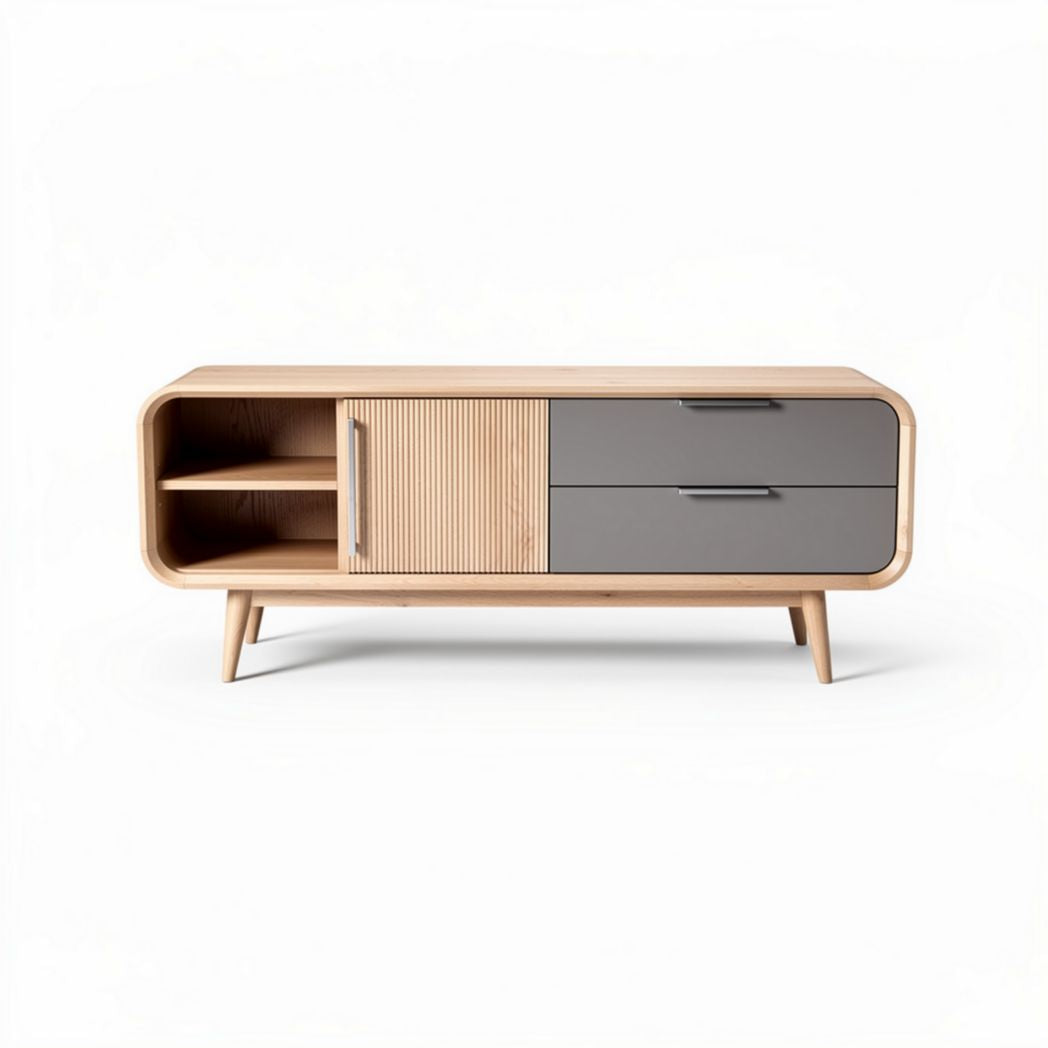 Meuble tv en bois naturel et gris avec deux tiroirs et compartiment ouvert 150 x 40 x 60cm
